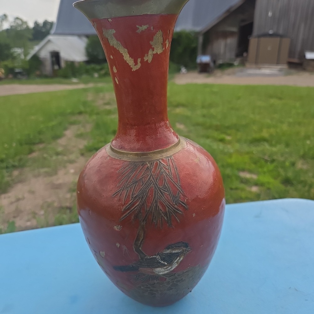 Vintage France Brass Enamel Vase Bird Pinecone Red  Artist Signed READ